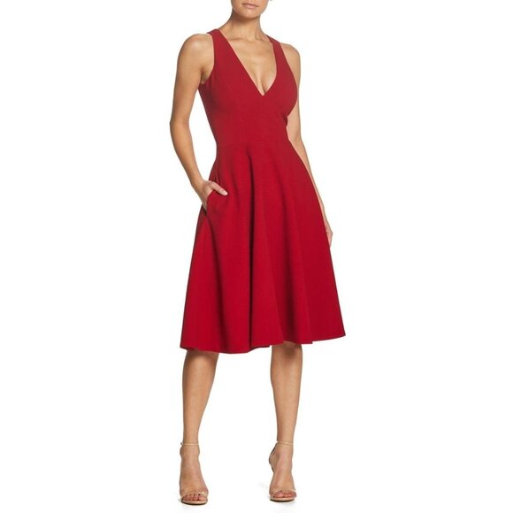 🆕 DRESS THE POPULATION Catalina Fit & Flare Dress Garnet Red XX-Small (00-0) - Picture 3 of 10